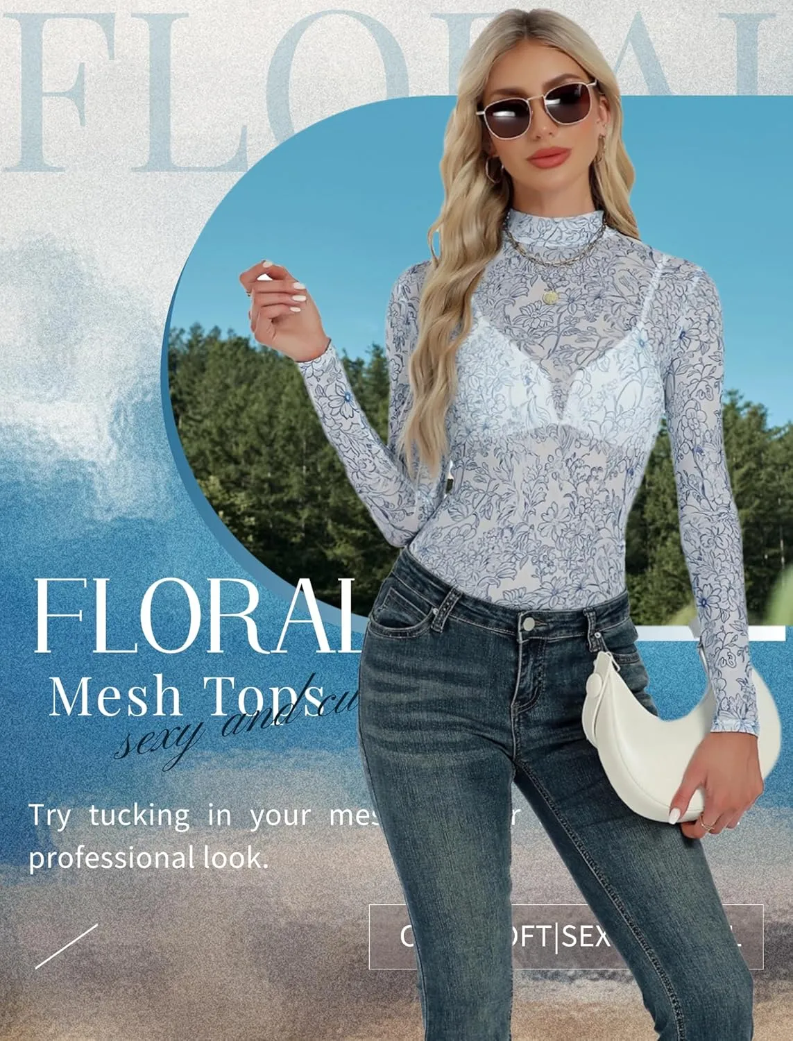 Floral Mesh Long Sleeve Tops for Women Mock Neck See Through Fitted Sexy Going Out Top