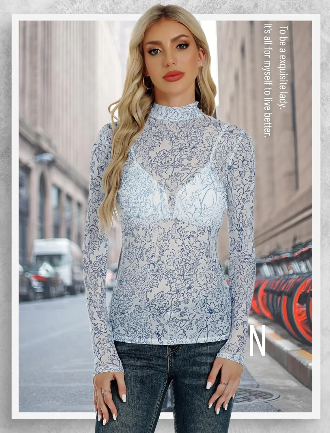 Floral Mesh Long Sleeve Tops for Women Mock Neck See Through Fitted Sexy Going Out Top