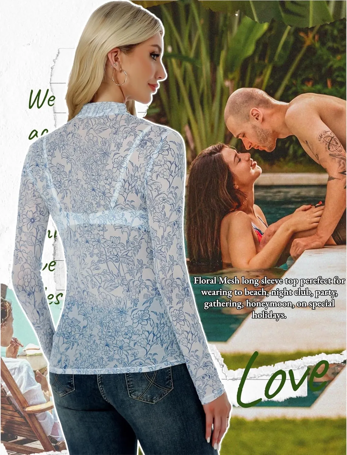 Floral Mesh Long Sleeve Tops for Women Mock Neck See Through Fitted Sexy Going Out Top
