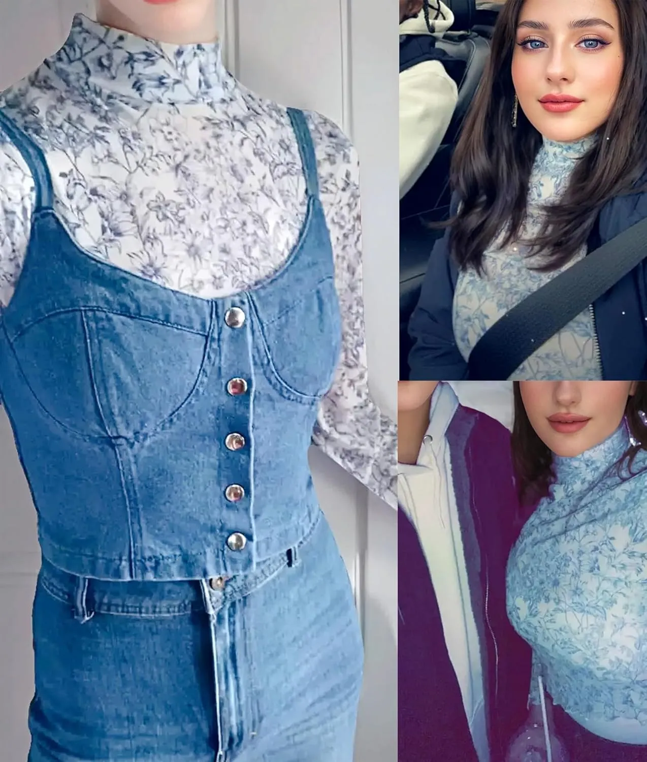 Floral Mesh Long Sleeve Tops for Women Mock Neck See Through Fitted Sexy Going Out Top