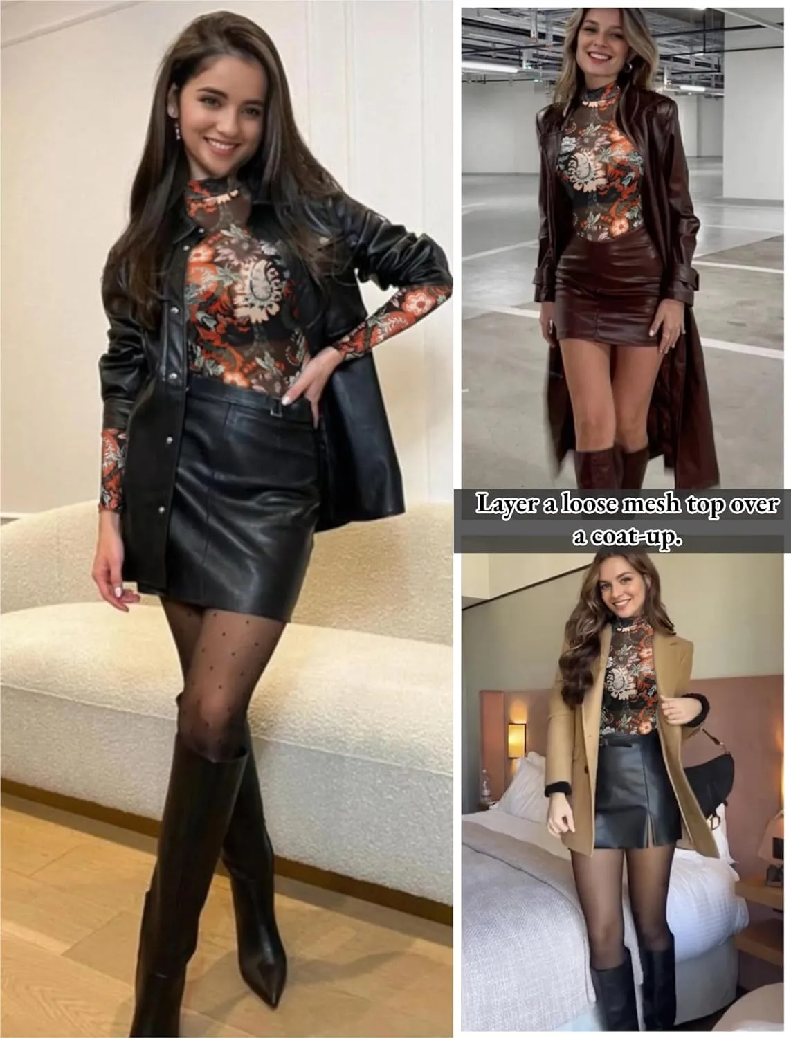 Floral Mesh Long Sleeve Tops for Women Mock Neck See Through Fitted Sexy Going Out Top
