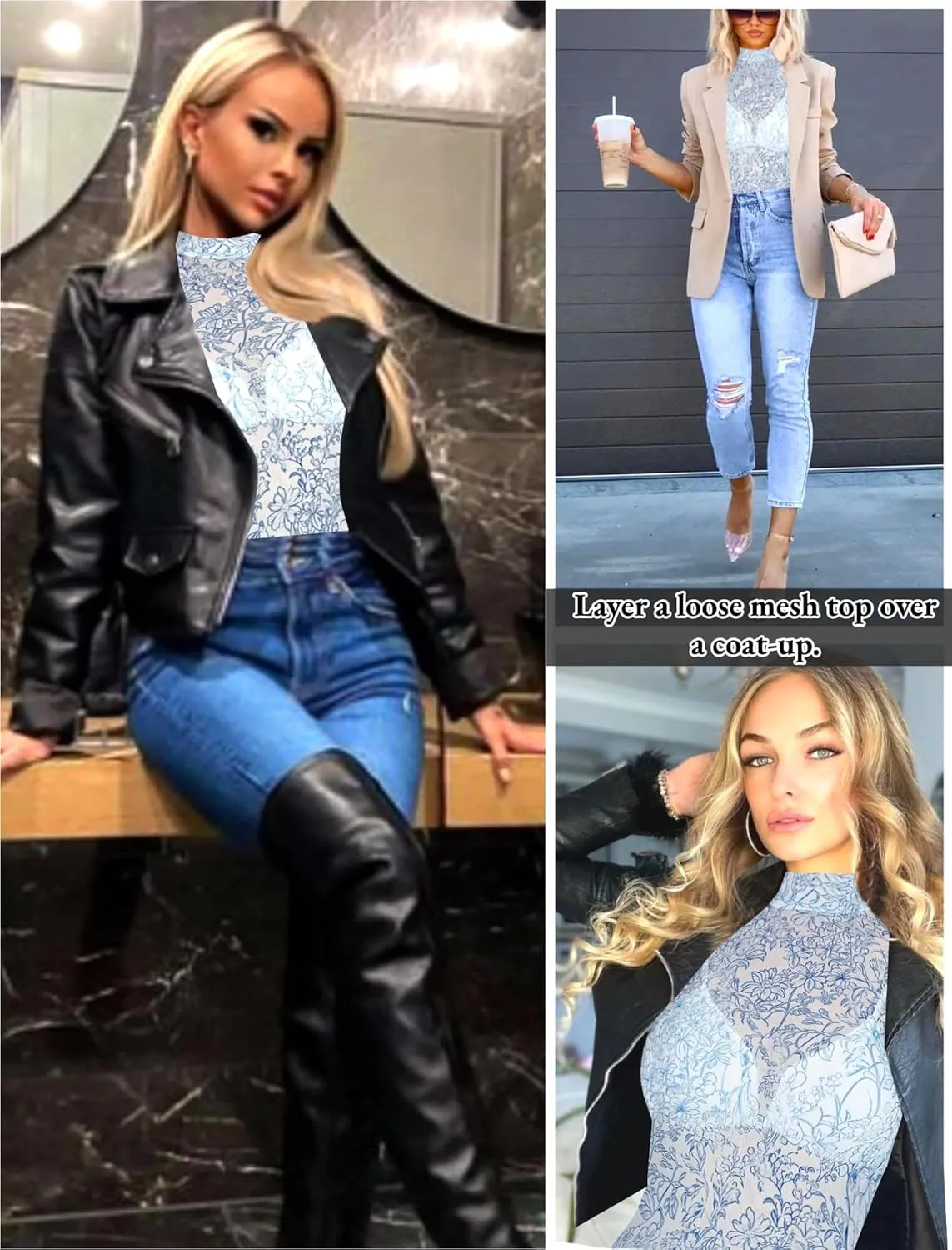 Floral Mesh Long Sleeve Tops for Women Mock Neck See Through Fitted Sexy Going Out Top