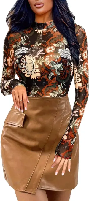 Floral Mesh Long Sleeve Tops for Women Mock Neck See Through Fitted Sexy Going Out Top