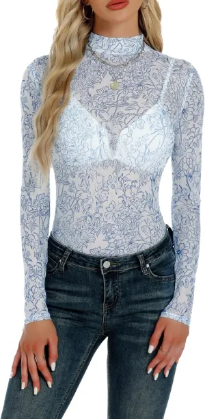 Floral Mesh Long Sleeve Tops for Women Mock Neck See Through Fitted Sexy Going Out Top