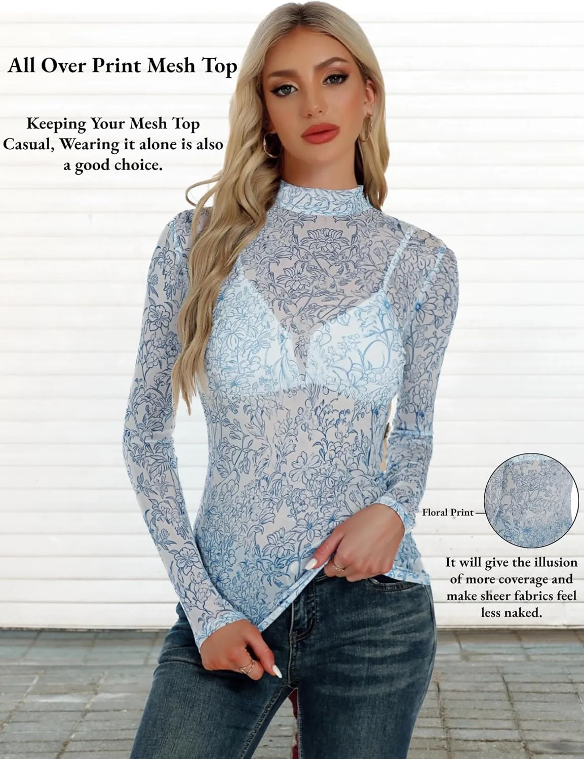 Floral Mesh Long Sleeve Tops for Women Mock Neck See Through Fitted Sexy Going Out Top