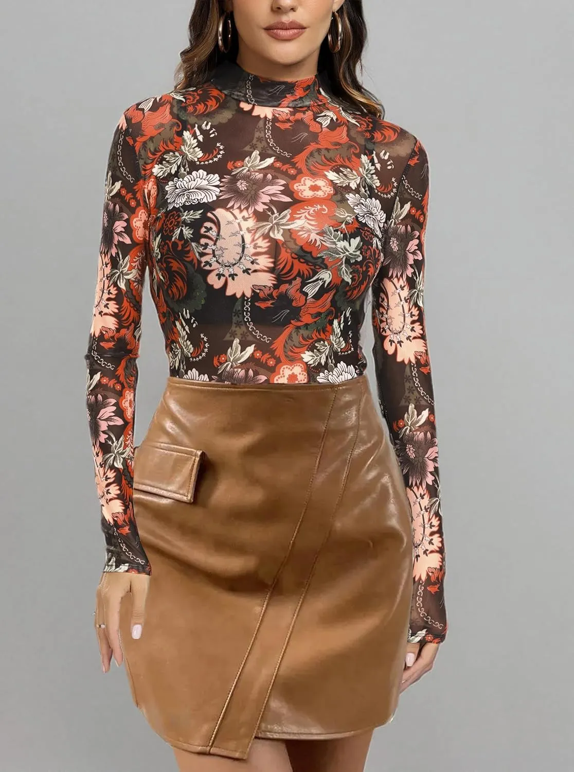 Floral Mesh Long Sleeve Tops for Women Mock Neck See Through Fitted Sexy Going Out Top