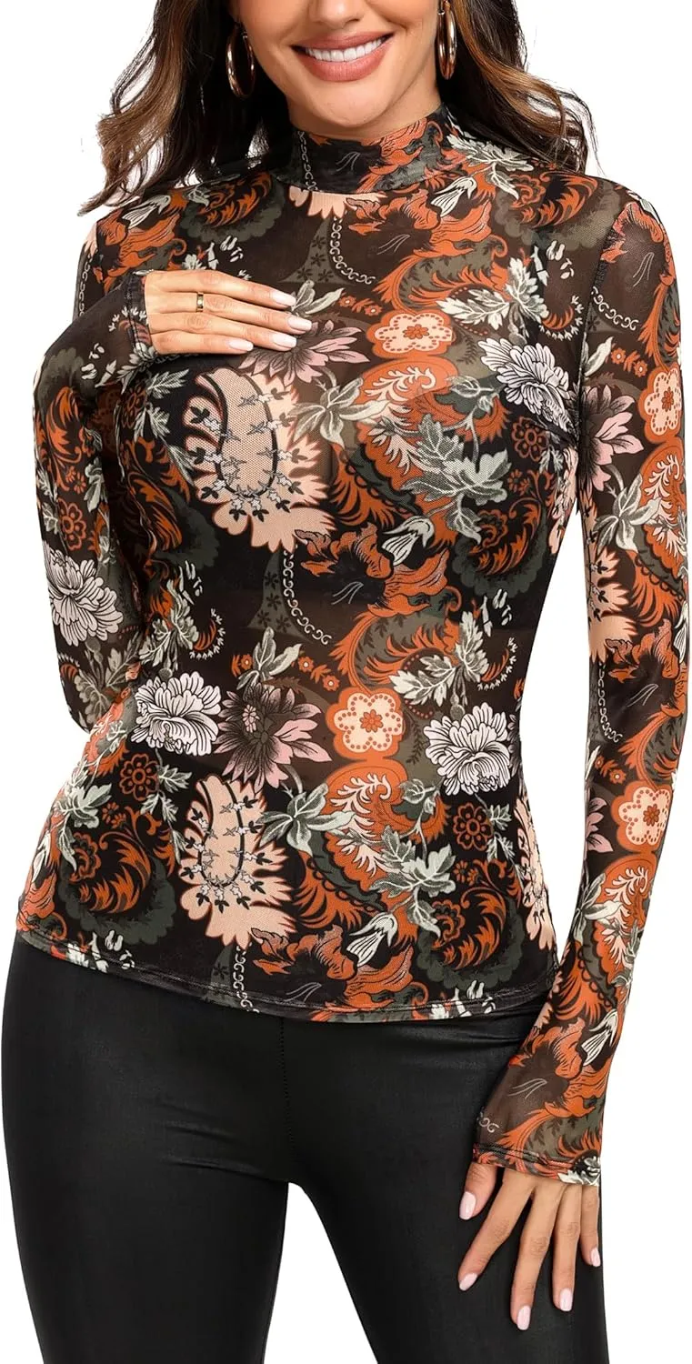 Floral Mesh Long Sleeve Tops for Women Mock Neck See Through Fitted Sexy Going Out Top