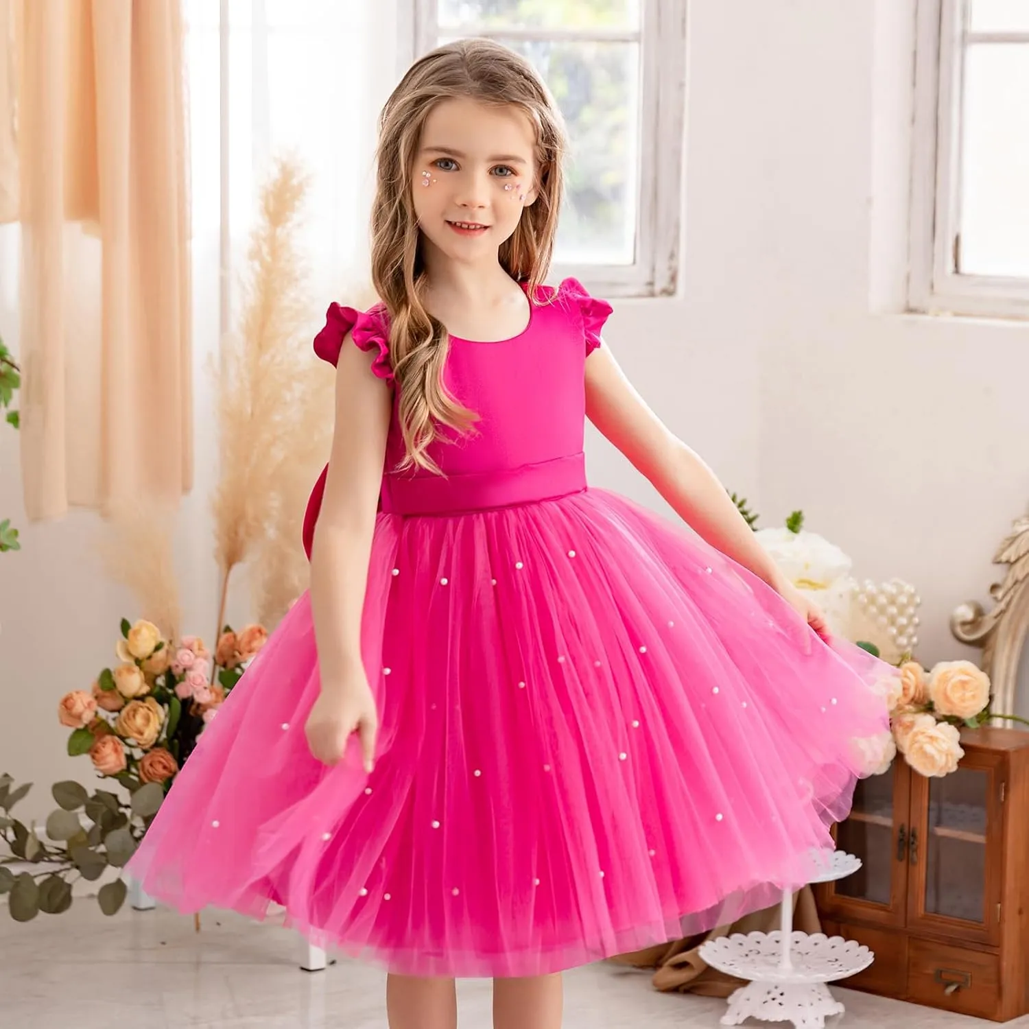 Flower Girl Dress Wedding Guest Ruffle Tulle Satin Party Birthday Princess Pageant Gown Kids Knee Length