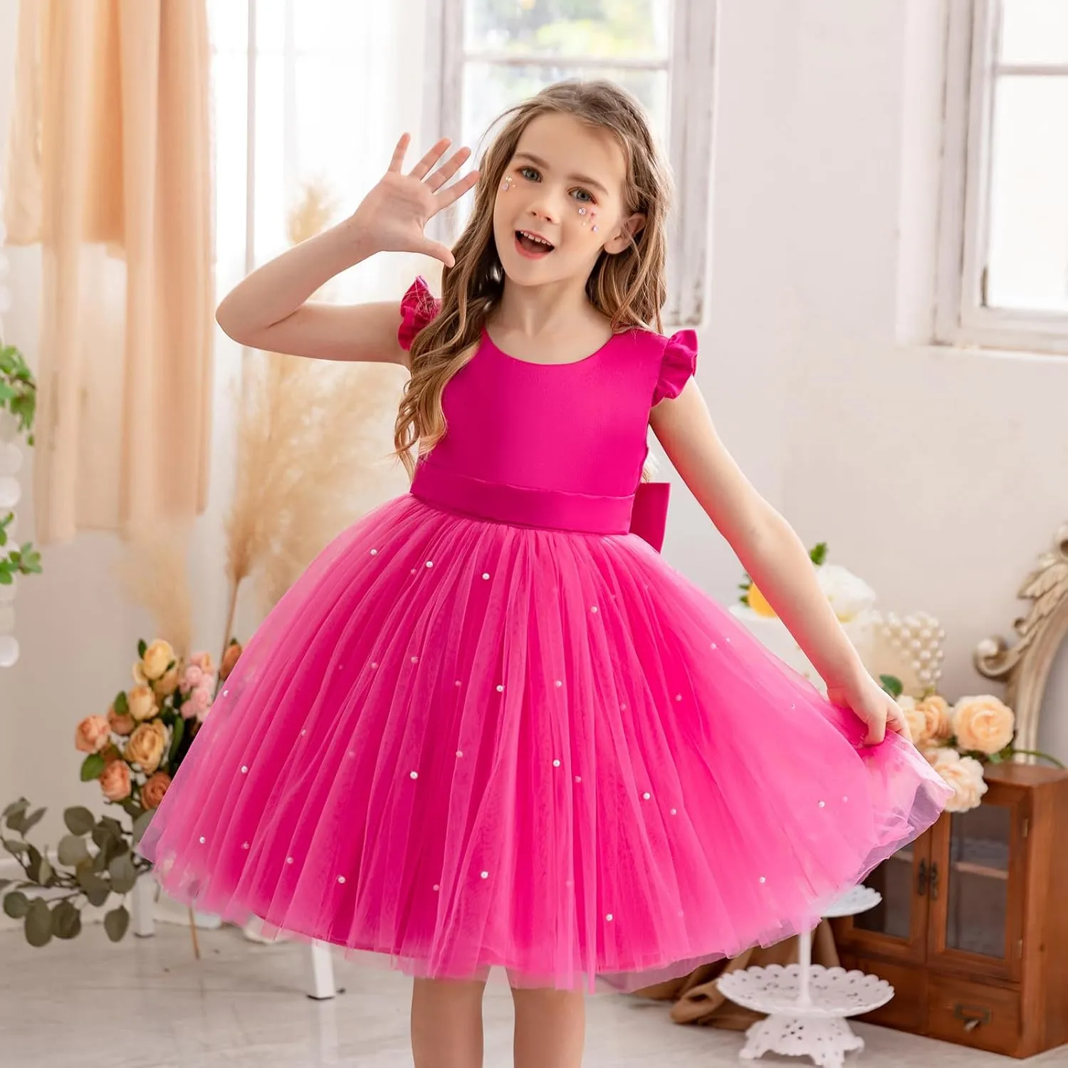 Flower Girl Dress Wedding Guest Ruffle Tulle Satin Party Birthday Princess Pageant Gown Kids Knee Length