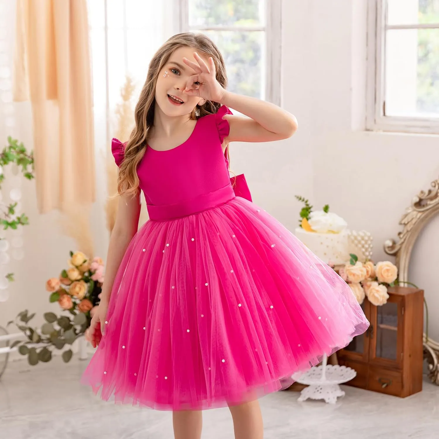 Flower Girl Dress Wedding Guest Ruffle Tulle Satin Party Birthday Princess Pageant Gown Kids Knee Length
