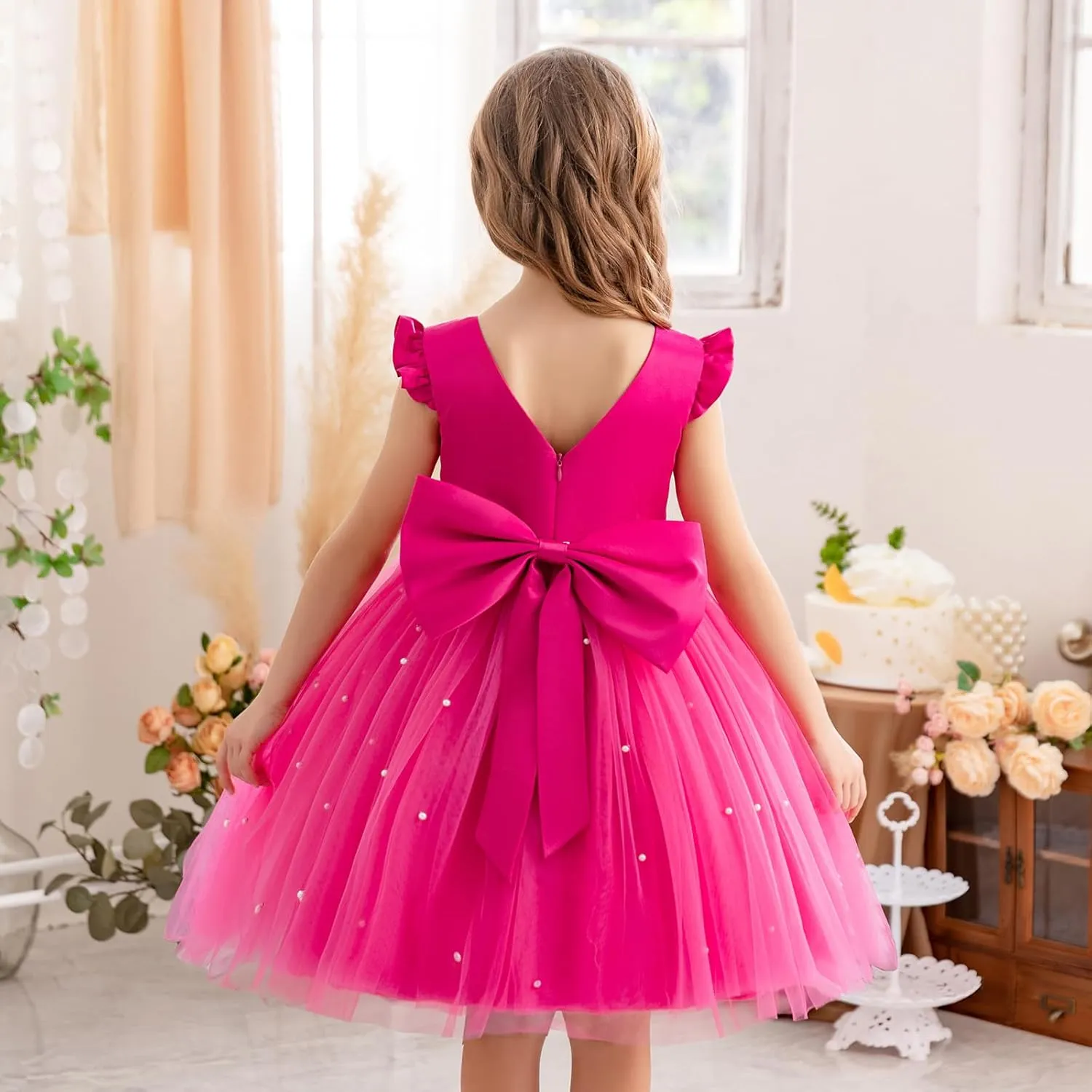 Flower Girl Dress Wedding Guest Ruffle Tulle Satin Party Birthday Princess Pageant Gown Kids Knee Length