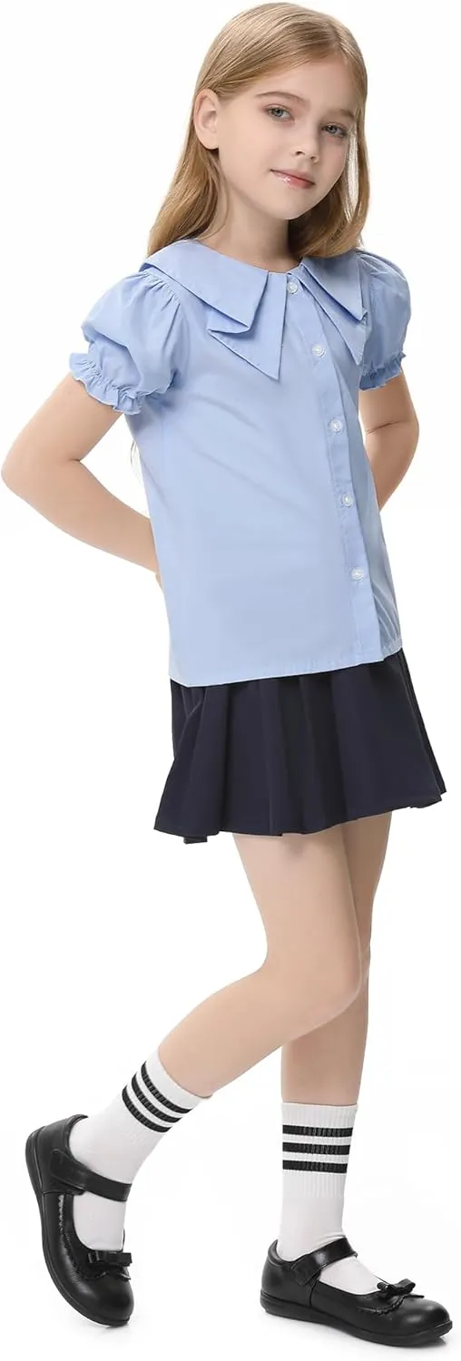 Girls Short Sleeve Peter Pan Blouse Puff Sleeve Button Down Shirt School Uniform Blouse 3-12 Years