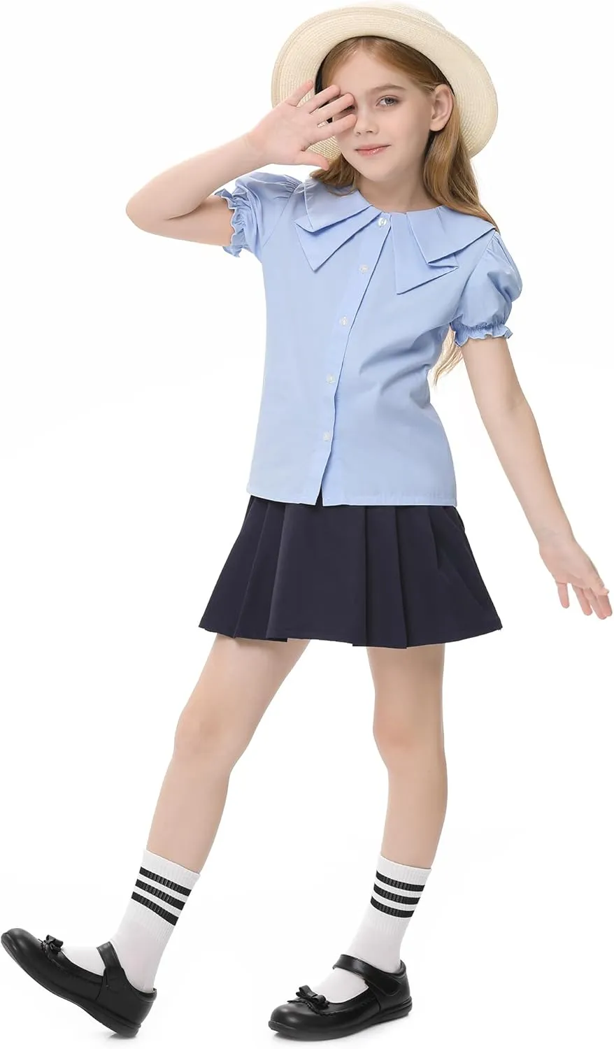 Girls Short Sleeve Peter Pan Blouse Puff Sleeve Button Down Shirt School Uniform Blouse 3-12 Years