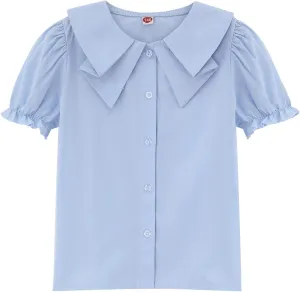 Girls Short Sleeve Peter Pan Blouse Puff Sleeve Button Down Shirt School Uniform Blouse 3-12 Years