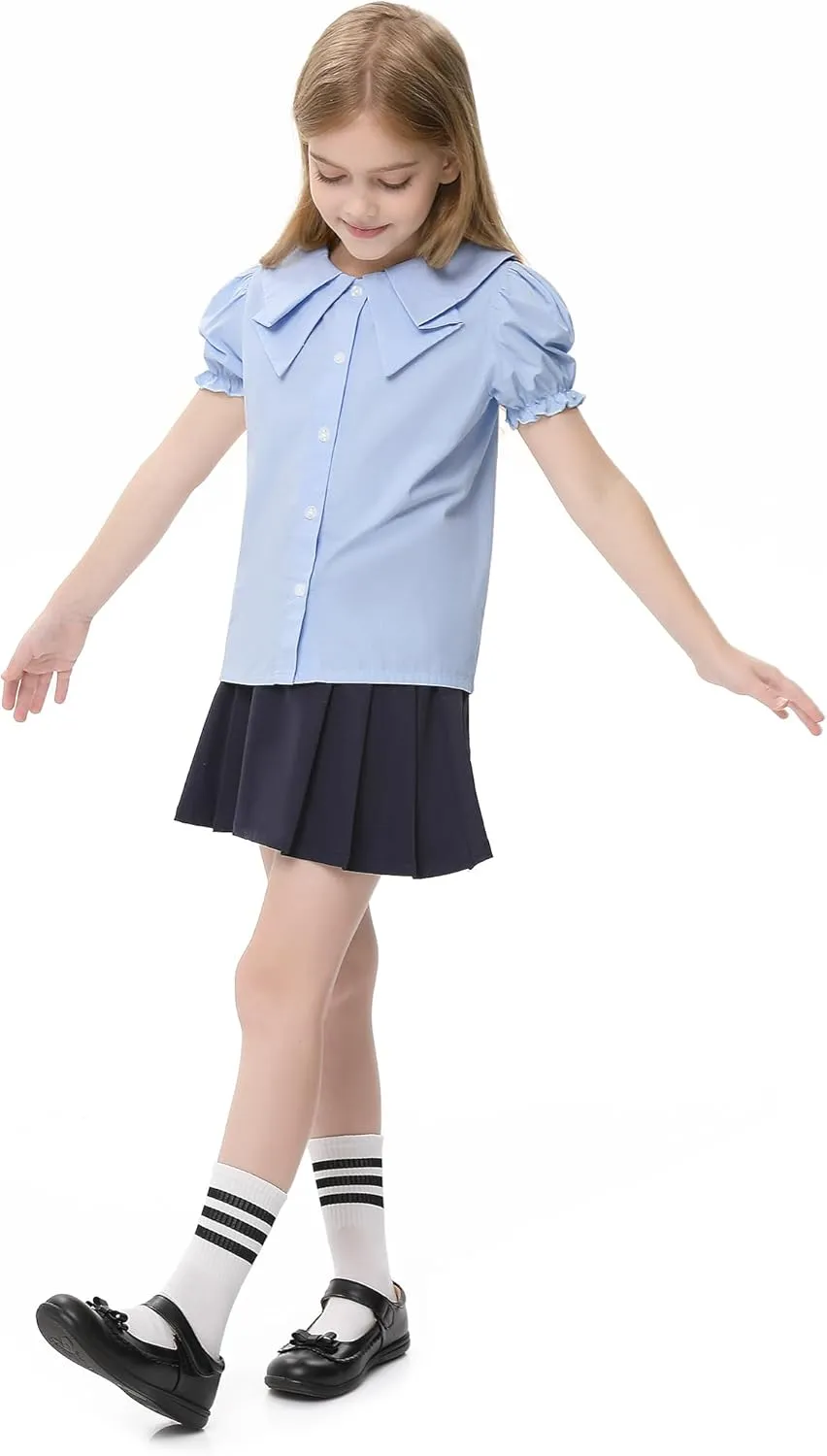 Girls Short Sleeve Peter Pan Blouse Puff Sleeve Button Down Shirt School Uniform Blouse 3-12 Years