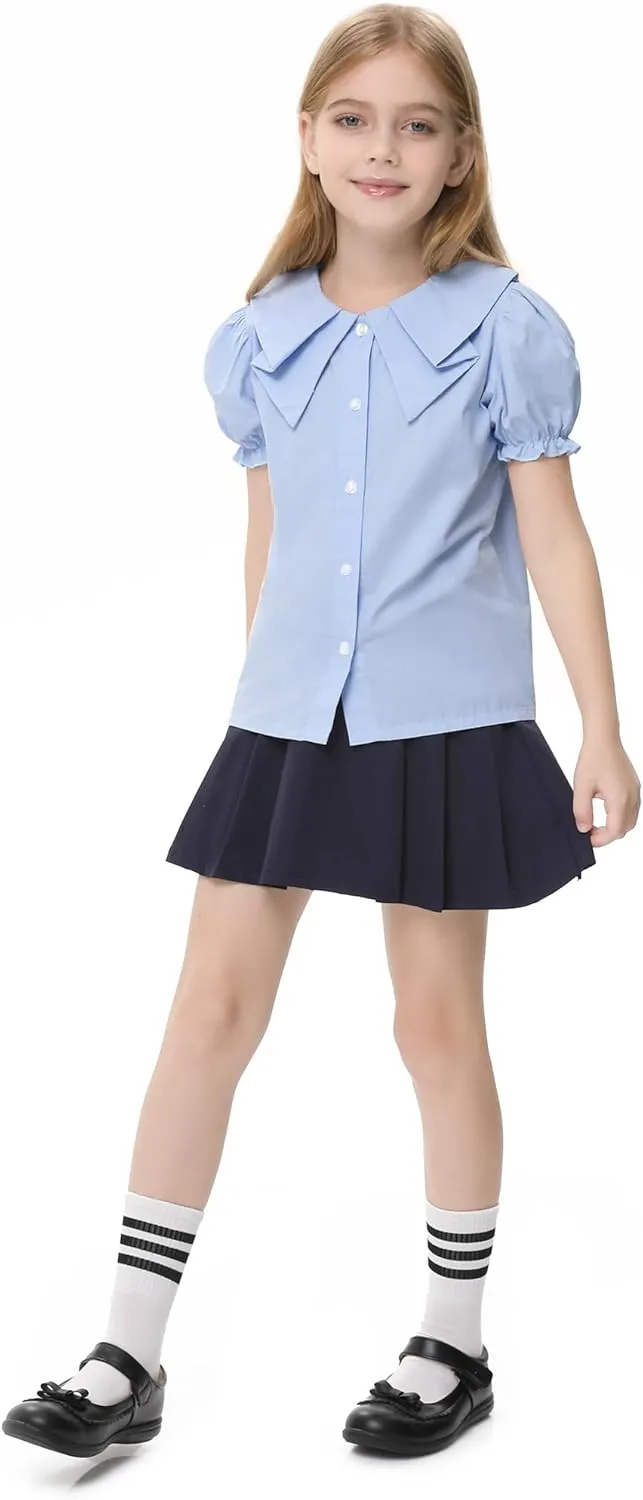 Girls Short Sleeve Peter Pan Blouse Puff Sleeve Button Down Shirt School Uniform Blouse 3-12 Years