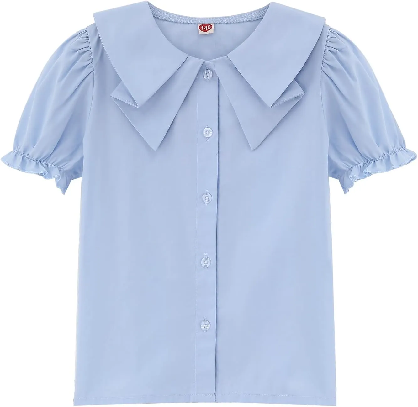 Girls Short Sleeve Peter Pan Blouse Puff Sleeve Button Down Shirt School Uniform Blouse 3-12 Years