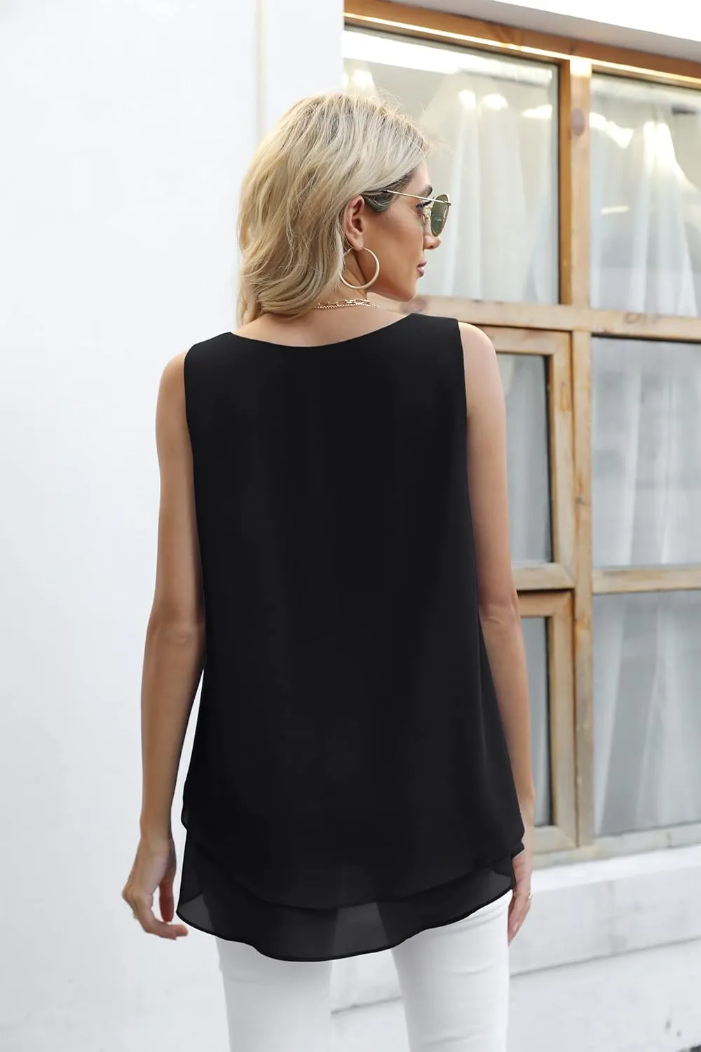 Jouica Women's Sleeveless Chiffon Tank Top Double Layers Casual Blouse Tunic