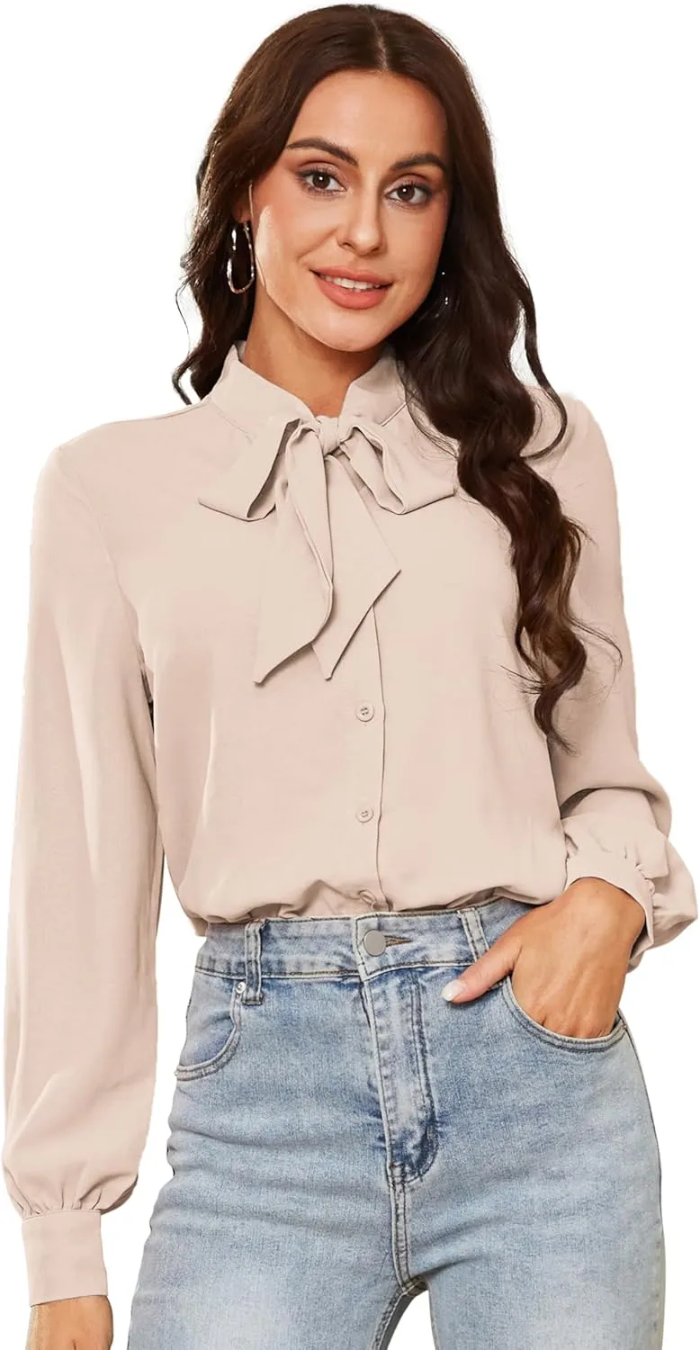 Kate Kasin Women Bow Tie Neck Office Blouse Button Down Long Sleeve Bodysuits Blouse Top