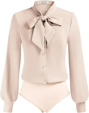 Kate Kasin Women Bow Tie Neck Office Blouse Button Down Long Sleeve Bodysuits Blouse Top