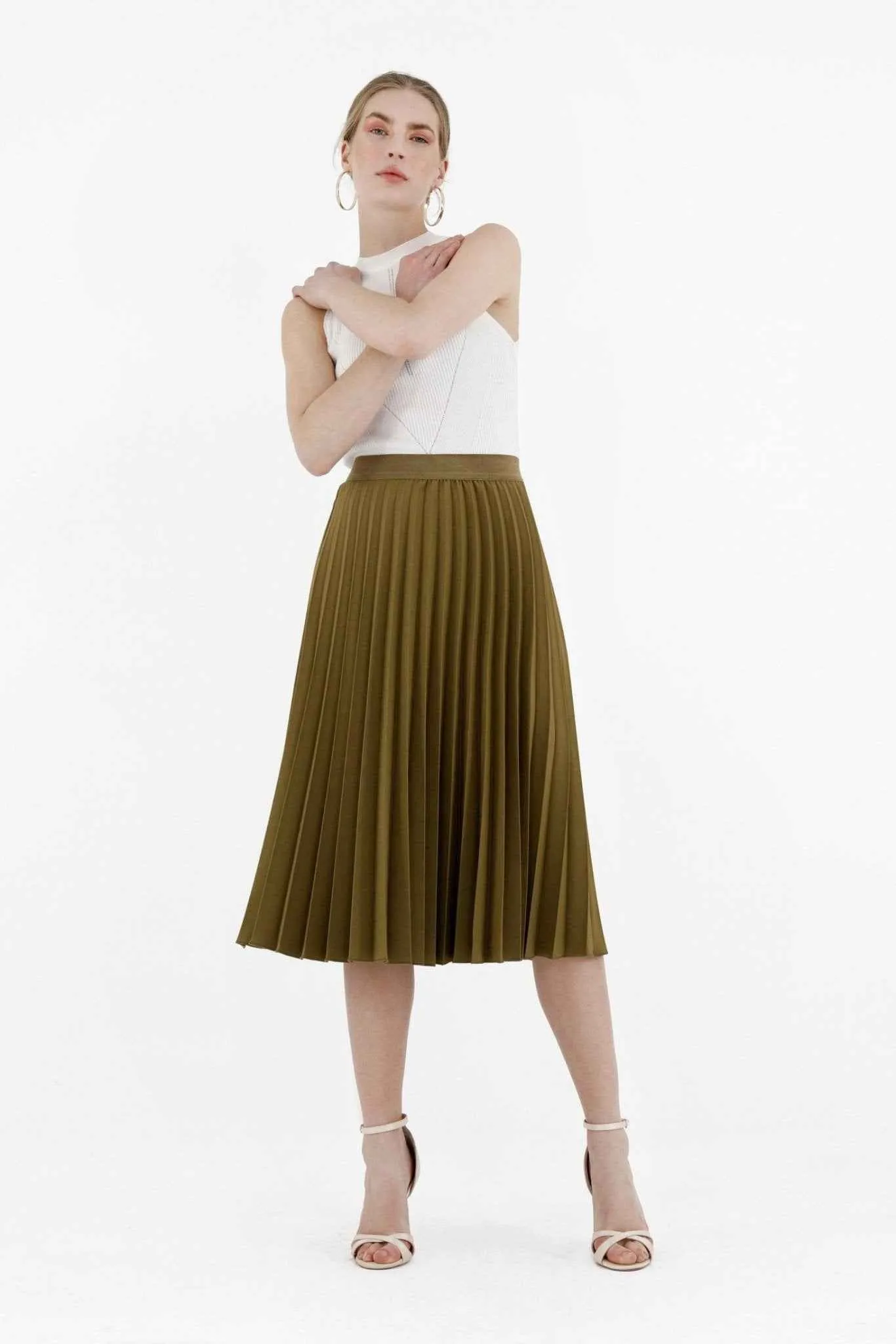 Khaki Pleated Skirt High Waist Elastic Waist Band Midi Skirt