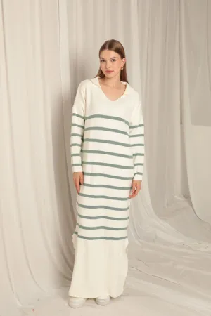 KKT Knit Fabric Striped Shirt Collar Ecru/Mint Dress - Chelsea