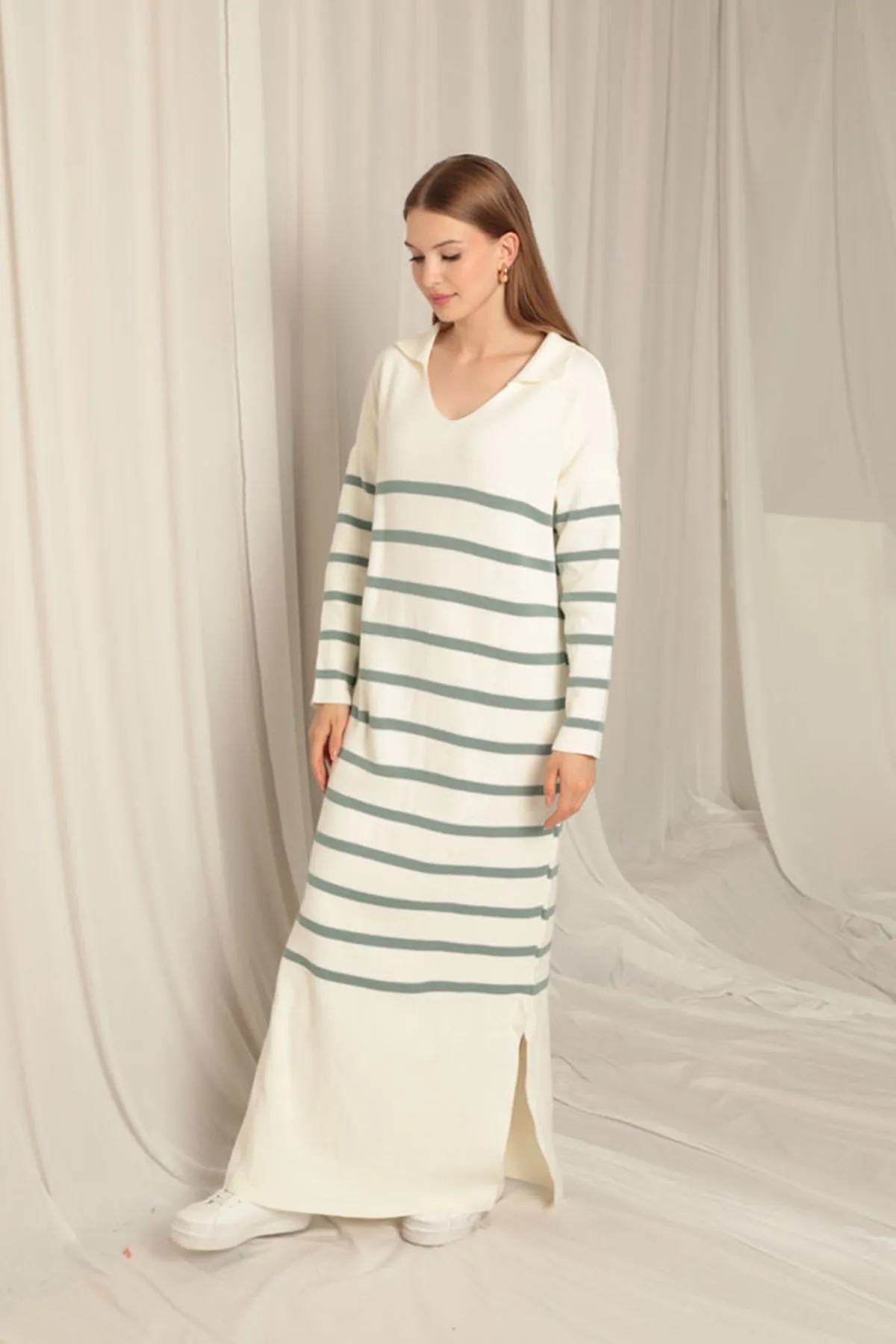 KKT Knit Fabric Striped Shirt Collar Ecru/Mint Dress - Chelsea