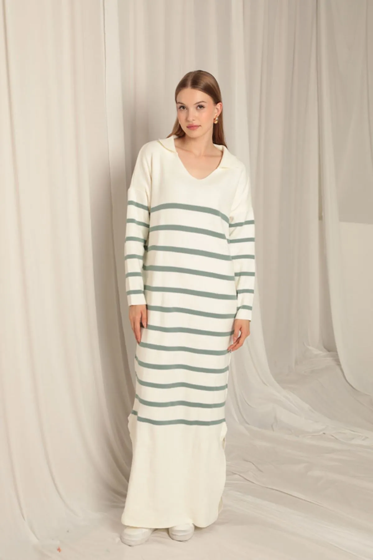 KKT Knit Fabric Striped Shirt Collar Ecru/Mint Dress - Chelsea