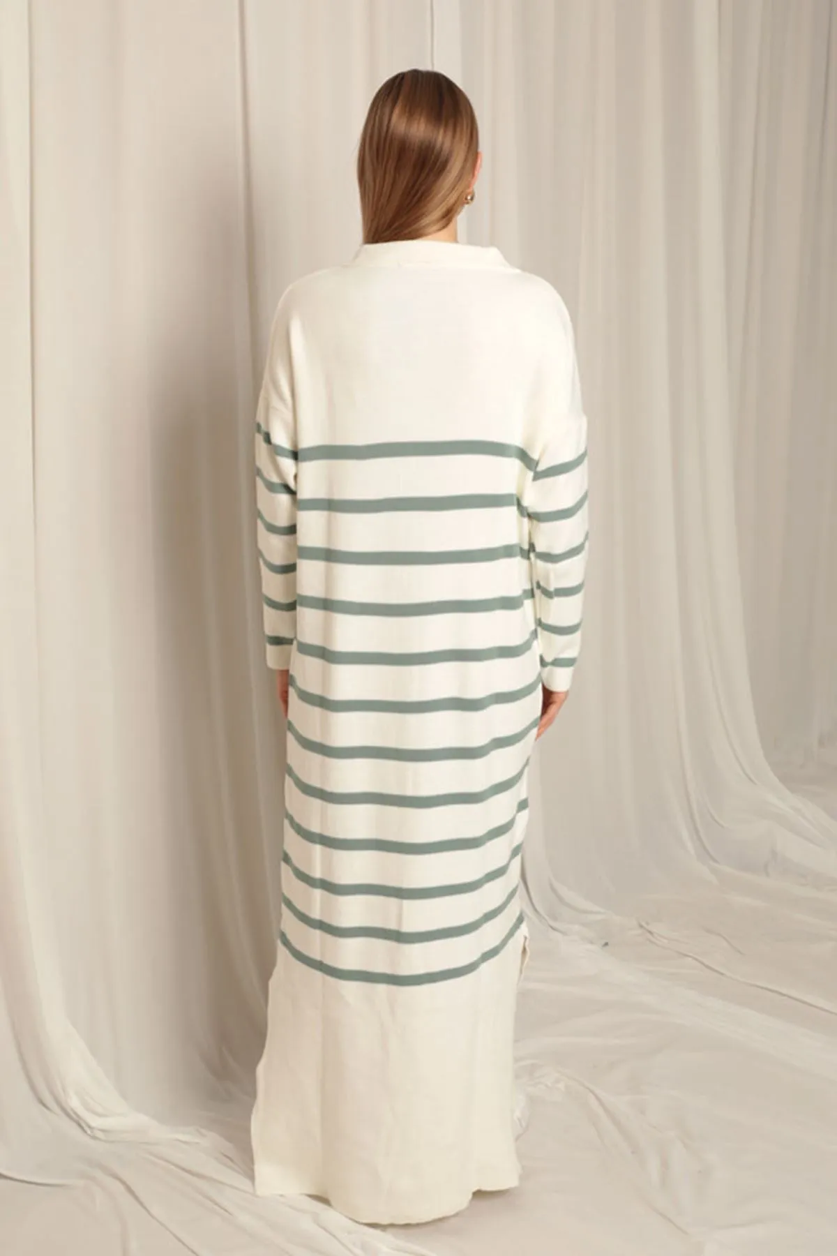 KKT Knit Fabric Striped Shirt Collar Ecru/Mint Dress - Chelsea