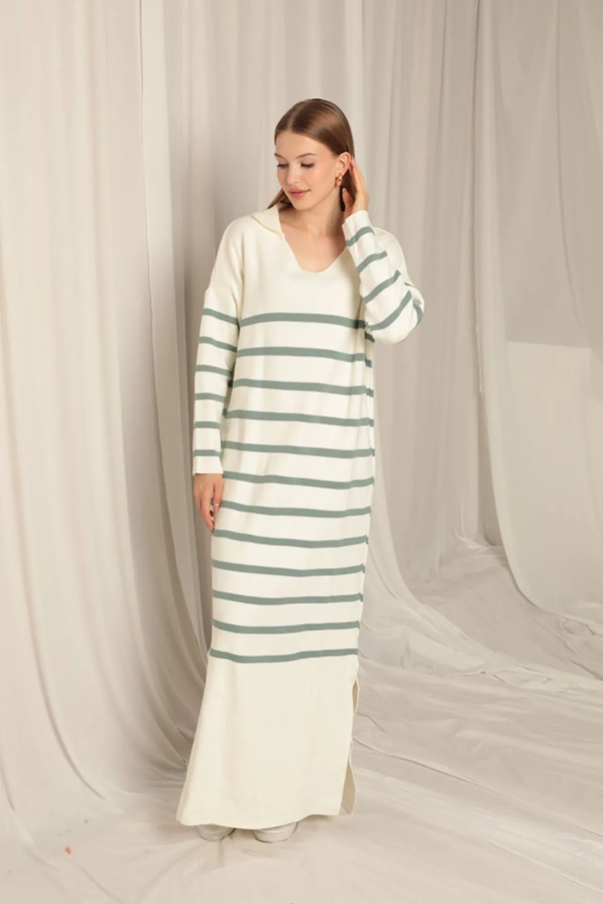 KKT Knit Fabric Striped Shirt Collar Ecru/Mint Dress - Chelsea
