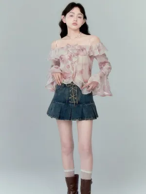 Lace-up High Waist Pleated Skirt