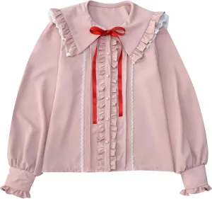 Lolita Women Ruffle Sailor Collar Blouse Shirt Kawaii Teen Bow Tie Cat Ears Fashion Button Front Junior Cute Tops