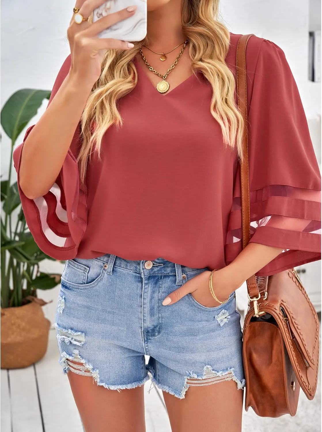 LookbookStore Women's V Neck Mesh Panel Blouse 3/4 Bell Sleeve Loose Top Shirt