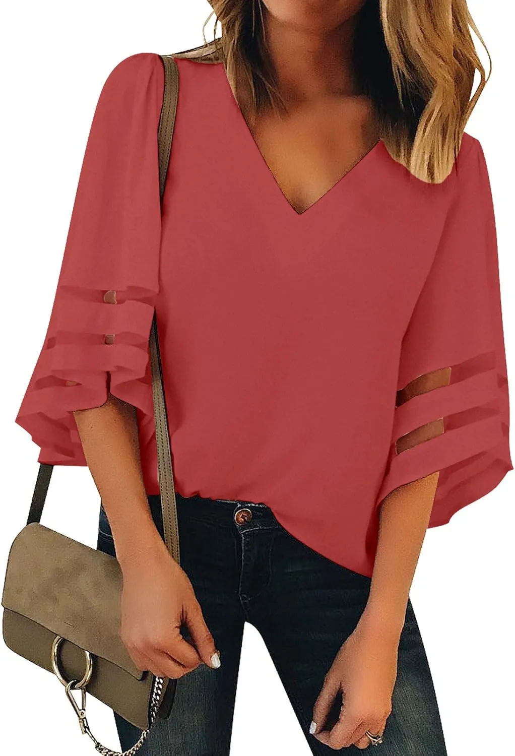 LookbookStore Women's V Neck Mesh Panel Blouse 3/4 Bell Sleeve Loose Top Shirt