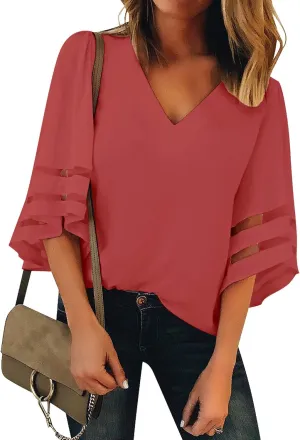 LookbookStore Women's V Neck Mesh Panel Blouse 3/4 Bell Sleeve Loose Top Shirt