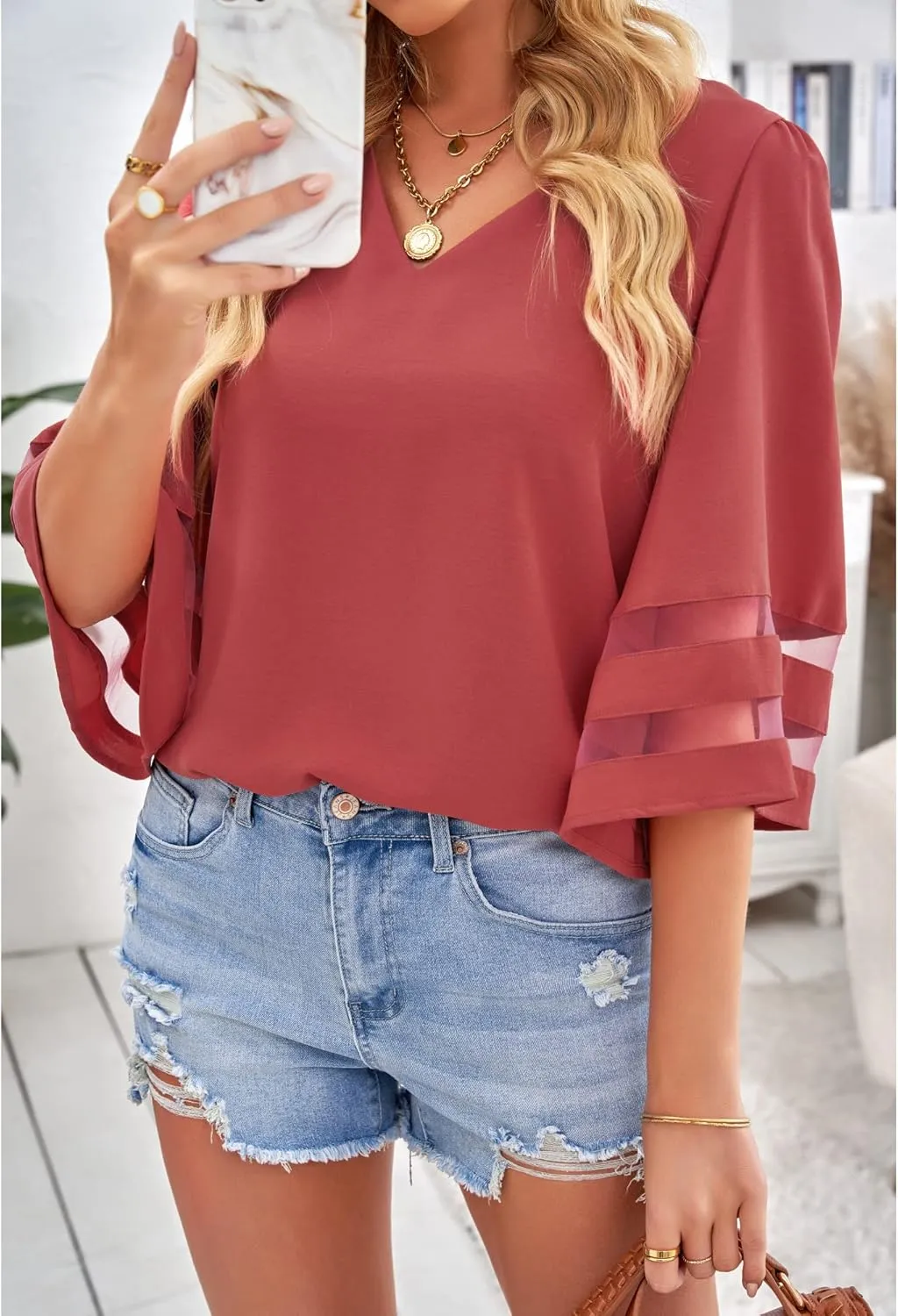 LookbookStore Women's V Neck Mesh Panel Blouse 3/4 Bell Sleeve Loose Top Shirt
