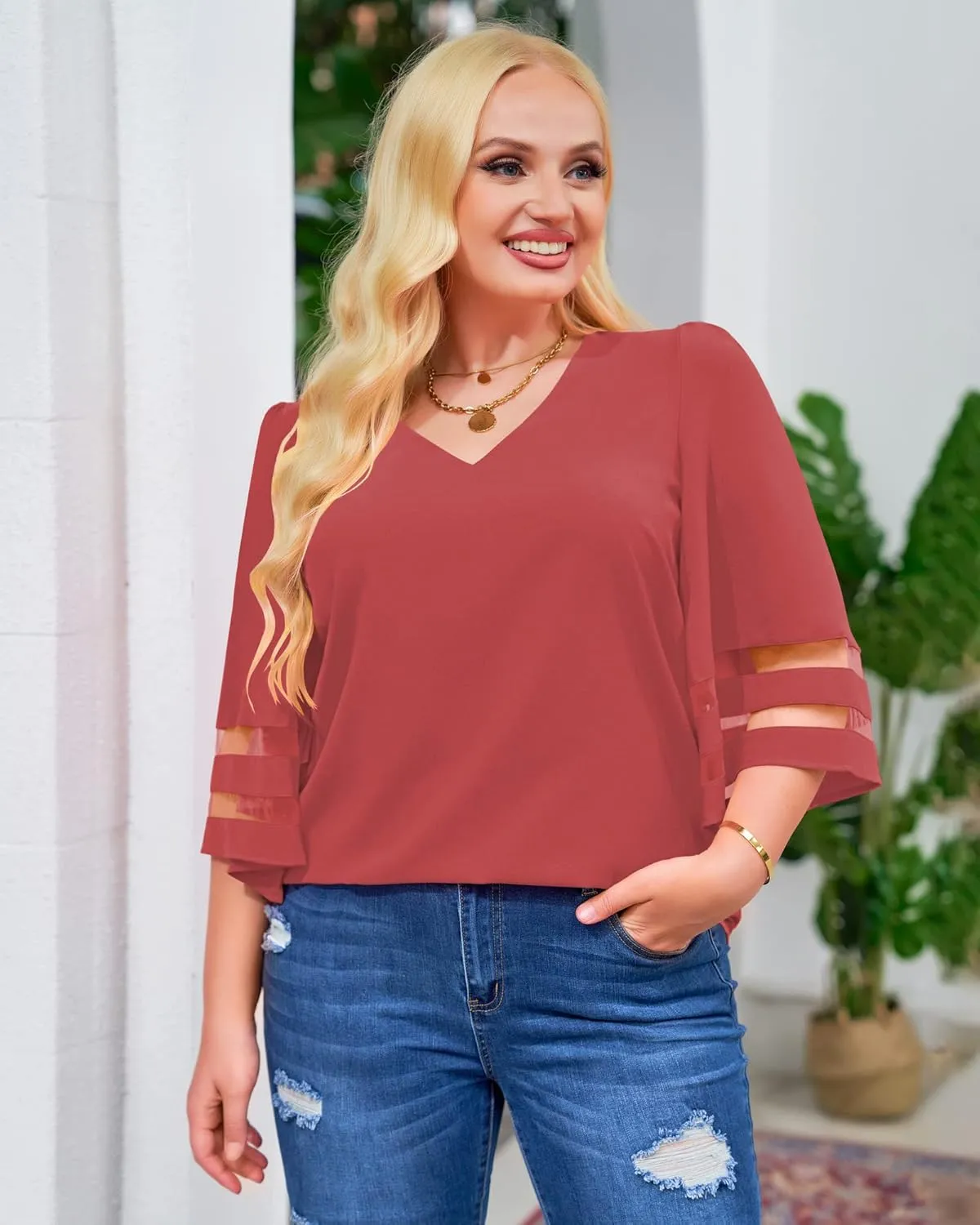 LookbookStore Women's V Neck Mesh Panel Blouse 3/4 Bell Sleeve Loose Top Shirt
