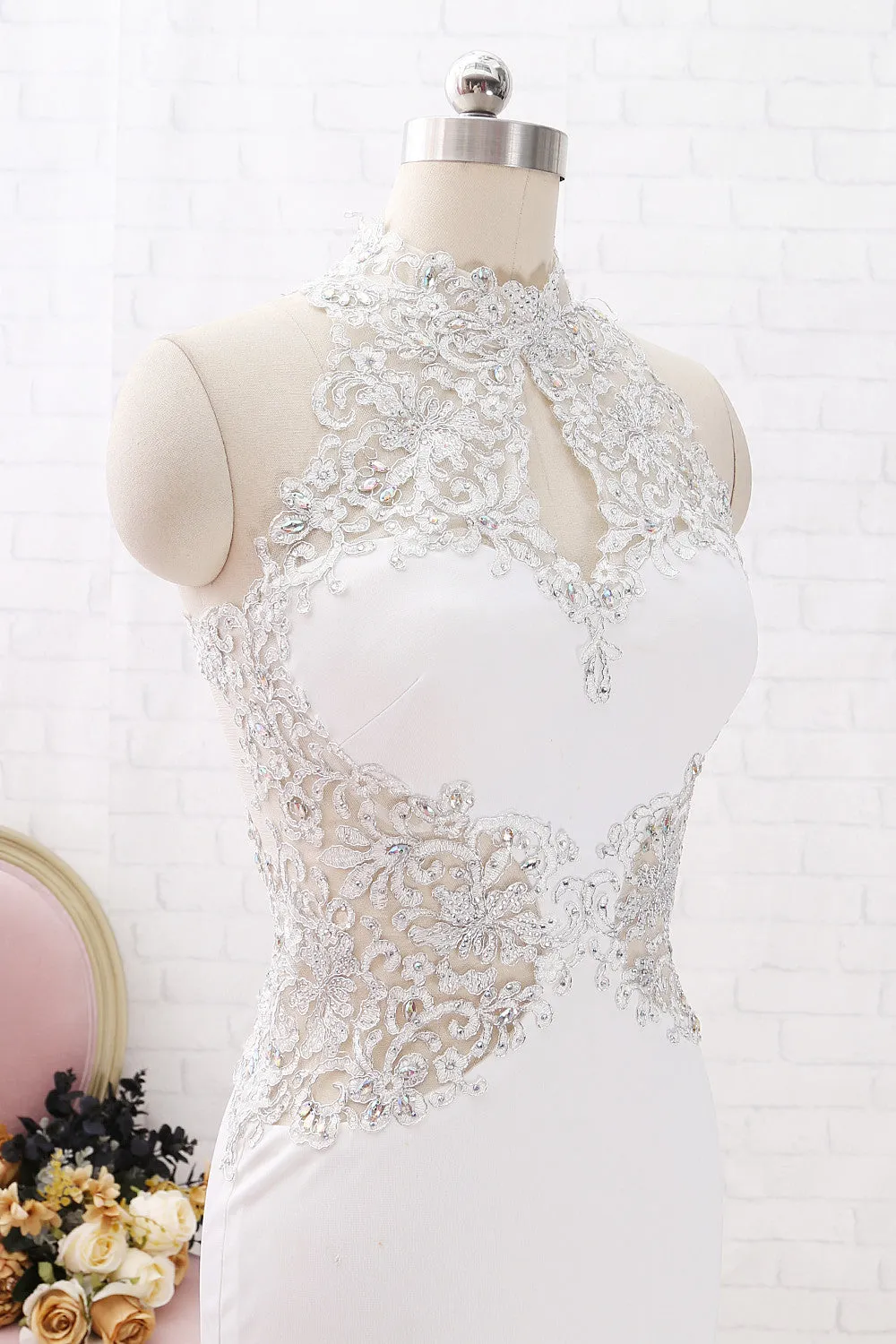 MACloth Mermaid Halter High Neck Lace Jersey Long Prom Dress Ivory Formal Evening Gown