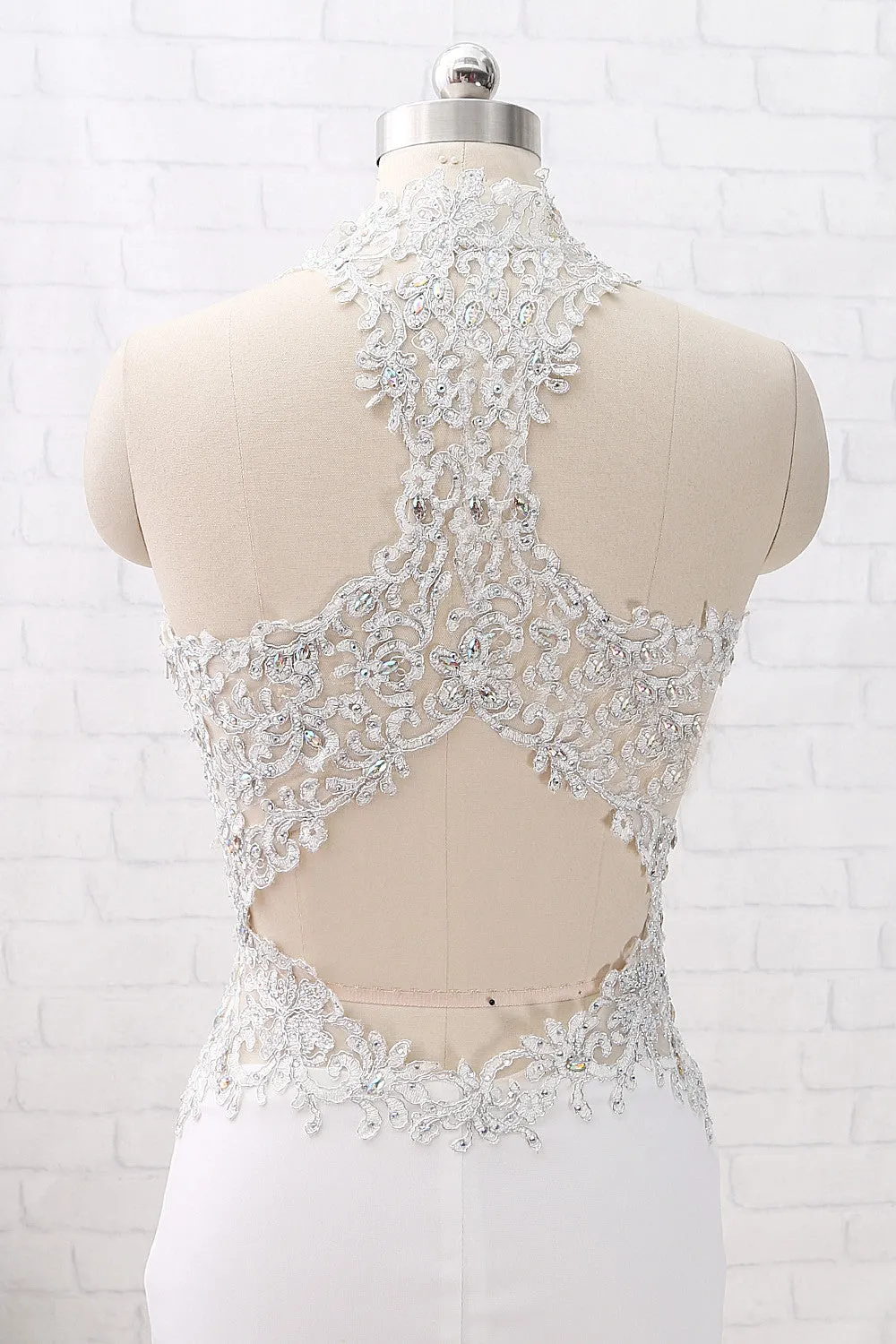 MACloth Mermaid Halter High Neck Lace Jersey Long Prom Dress Ivory Formal Evening Gown