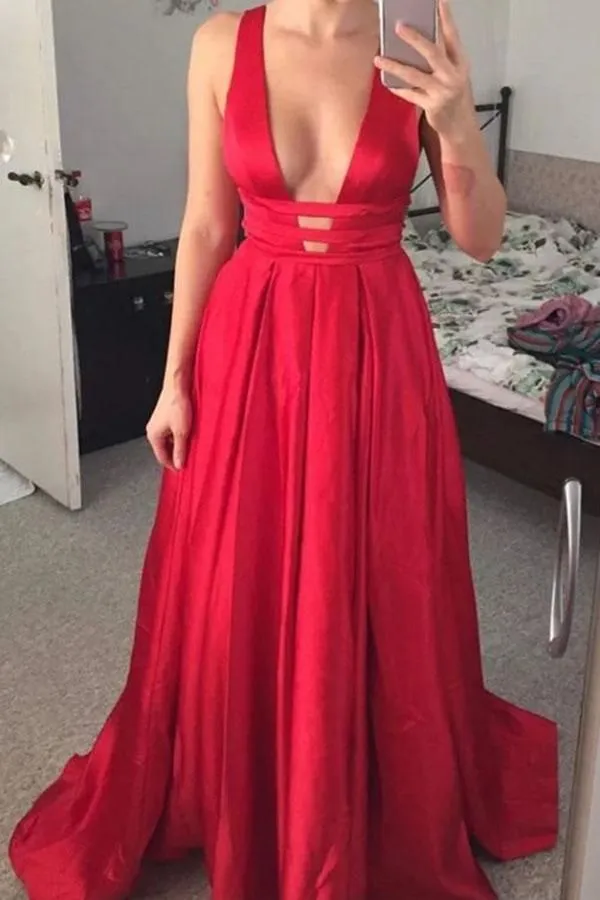 MACloth Straps V Neck Satin Ball Gown Long Prom Dress Red Formal Gown