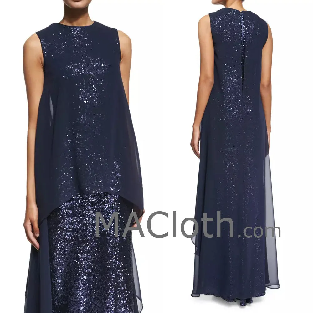 MACloth Women Straps Long Sequin Chiffon Dark Navy Formal Evening Gown