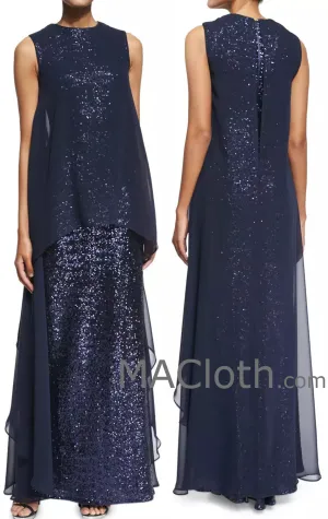 MACloth Women Straps Long Sequin Chiffon Dark Navy Formal Evening Gown