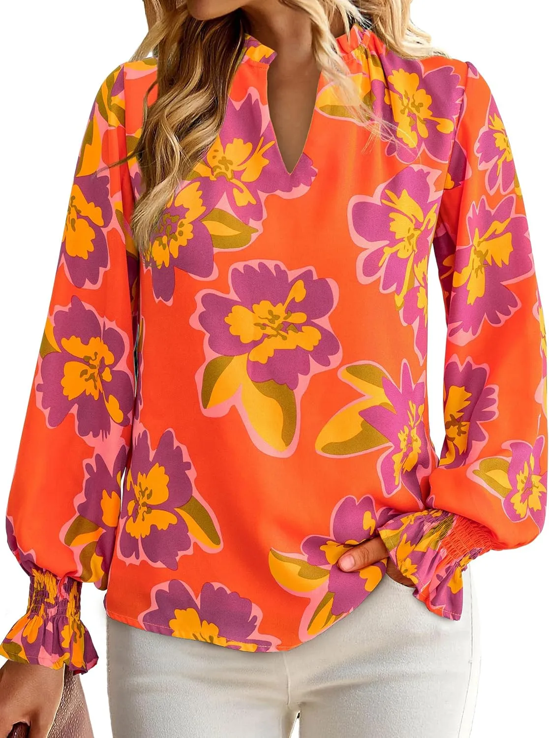 MASCOMODA Casual Spring Summer Chiffon Puff V Neck Trendy Tops for Womens 2025 Floral Dressy Long Sleeve Blouses Work Shirts