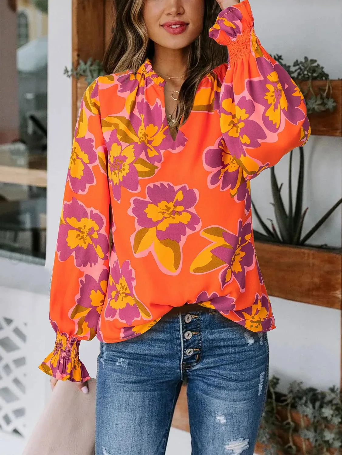 MASCOMODA Casual Spring Summer Chiffon Puff V Neck Trendy Tops for Womens 2025 Floral Dressy Long Sleeve Blouses Work Shirts