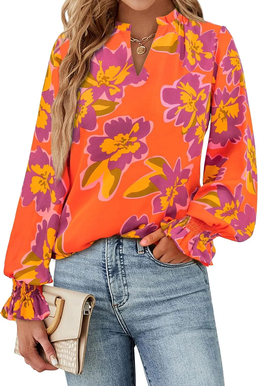MASCOMODA Casual Spring Summer Chiffon Puff V Neck Trendy Tops for Womens 2025 Floral Dressy Long Sleeve Blouses Work Shirts