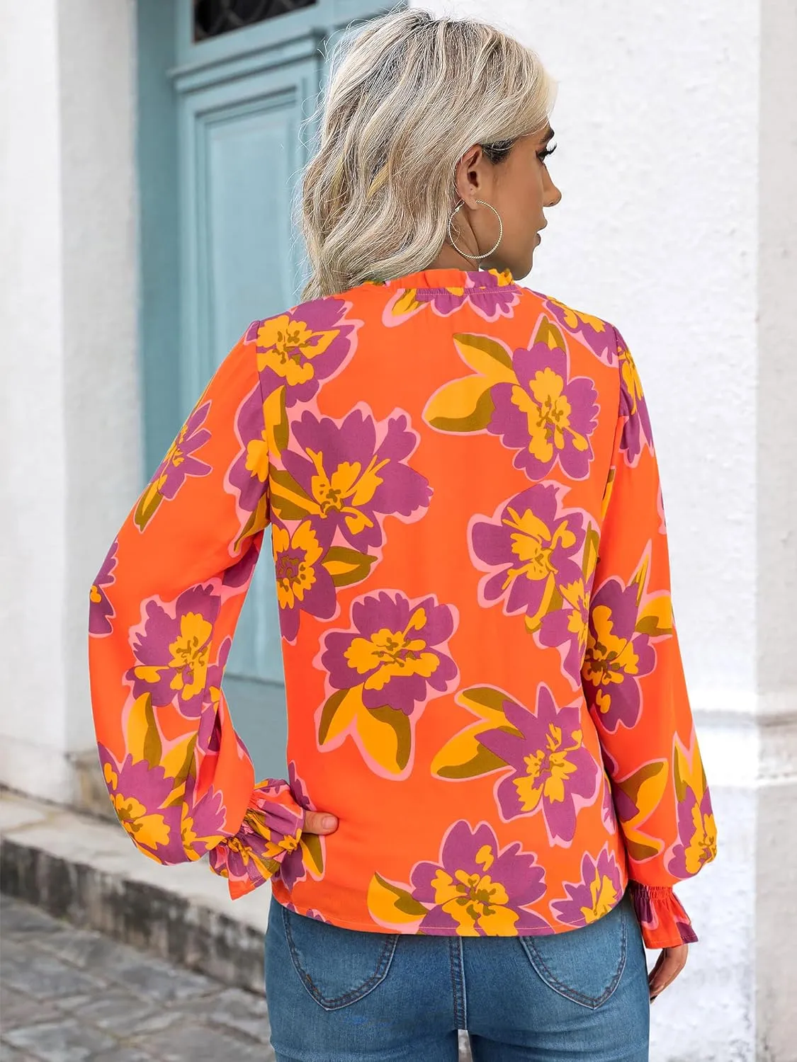 MASCOMODA Casual Spring Summer Chiffon Puff V Neck Trendy Tops for Womens 2025 Floral Dressy Long Sleeve Blouses Work Shirts