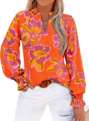 MASCOMODA Casual Spring Summer Chiffon Puff V Neck Trendy Tops for Womens 2025 Floral Dressy Long Sleeve Blouses Work Shirts