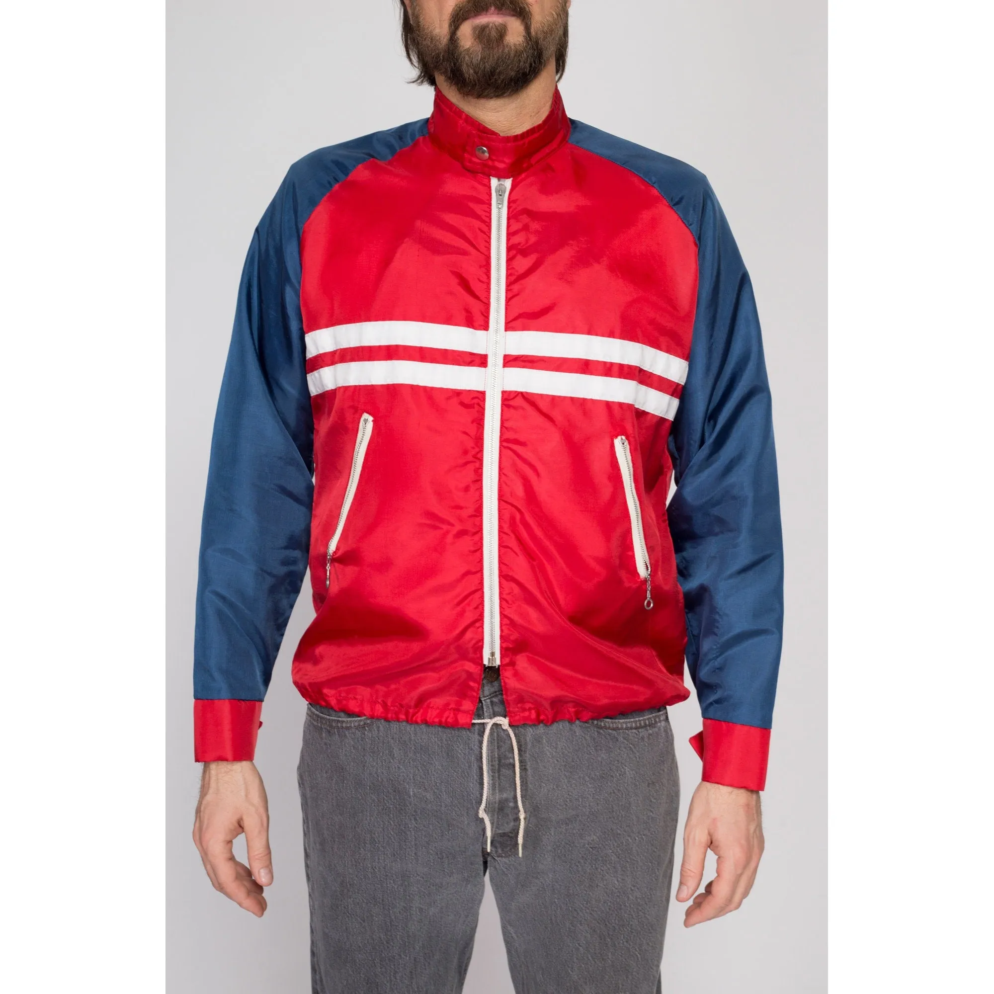 Medium 70s Red White Blue Satin Striped Windbreaker