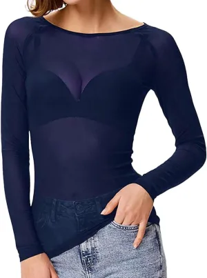 Mesh Tops for Women Long Sleeve Mock Neck Fitted Sexy Top Bodycon Clubwear Sheer Pure Mesh Tops T Shirts
