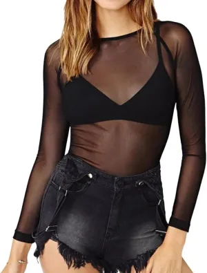 Mesh Tops for Women Long Sleeve Mock Neck Fitted Sexy Top Bodycon Clubwear Sheer Pure Mesh Tops T Shirts